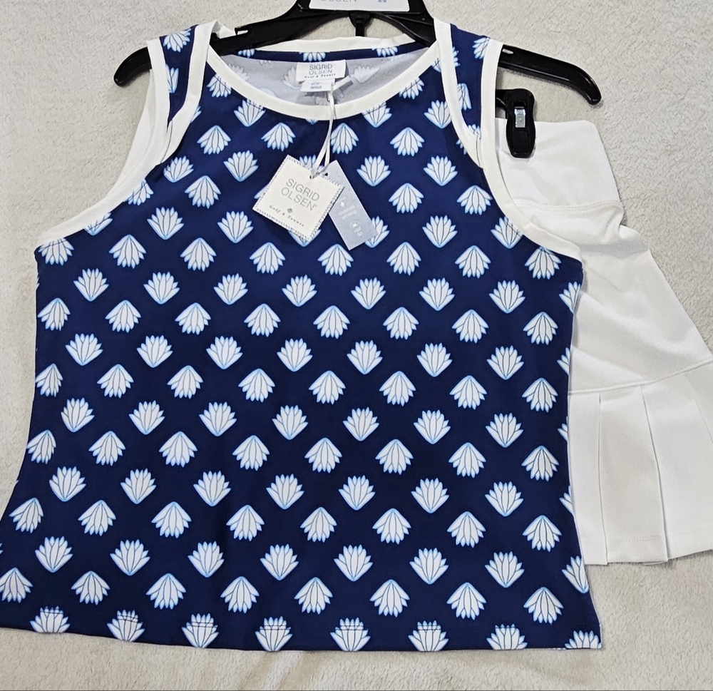 NWT Sigrid Olsen Golf & Tennis Tank & Skort Set: Blue & White: Size- Medium